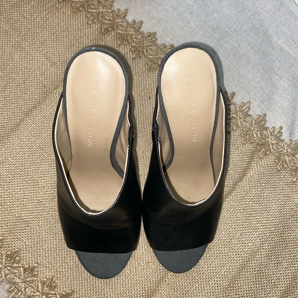 H by Halston Black Open-Toe Mule Heels with Striped Wood Block Heel